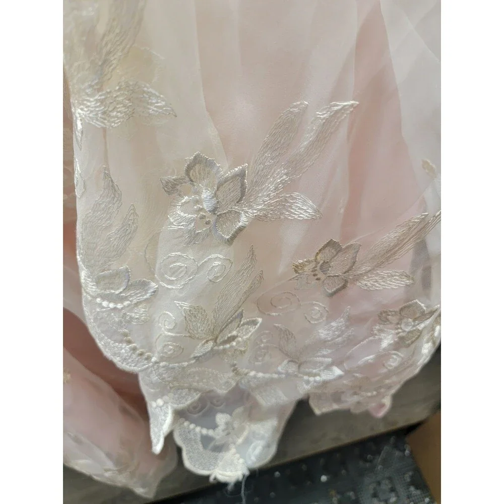 VTG 70s Party Tea Dress Women  Bridesmaid Chiffon Peach White Coquette